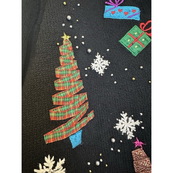 Vintage Black Christmas Cardiagn Petite Large Front Back Holiday Graphic Festive - Picture 5 of 13